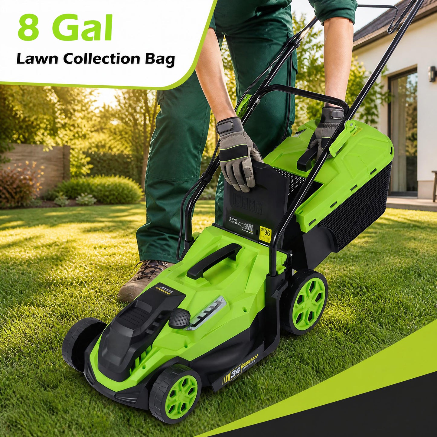 Patiojoy 12-Amp Corded Electric Lawn Mower 14-Inch Walk-Behind Push Mower with 8-Gallon Grass Bag 5-Position Height Adjustment Lightweight 21 lbs for Small Yards