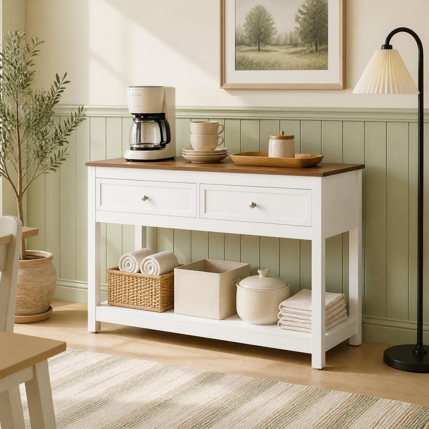Patiojoy Farmhouse Entryway Console Table Narrow Wood Sofa Table with 2 Drawers and Storage Shelf Heavy-Duty Behind the Couch Table for Living Room Hallway
