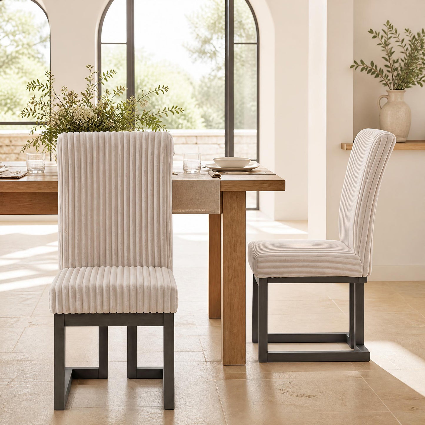 Patiojoy Modern Wood Dining Chairs Set of 2 Mid-Century Upholstered Kitchen Chairs with Thick Padded Seat Beige/White