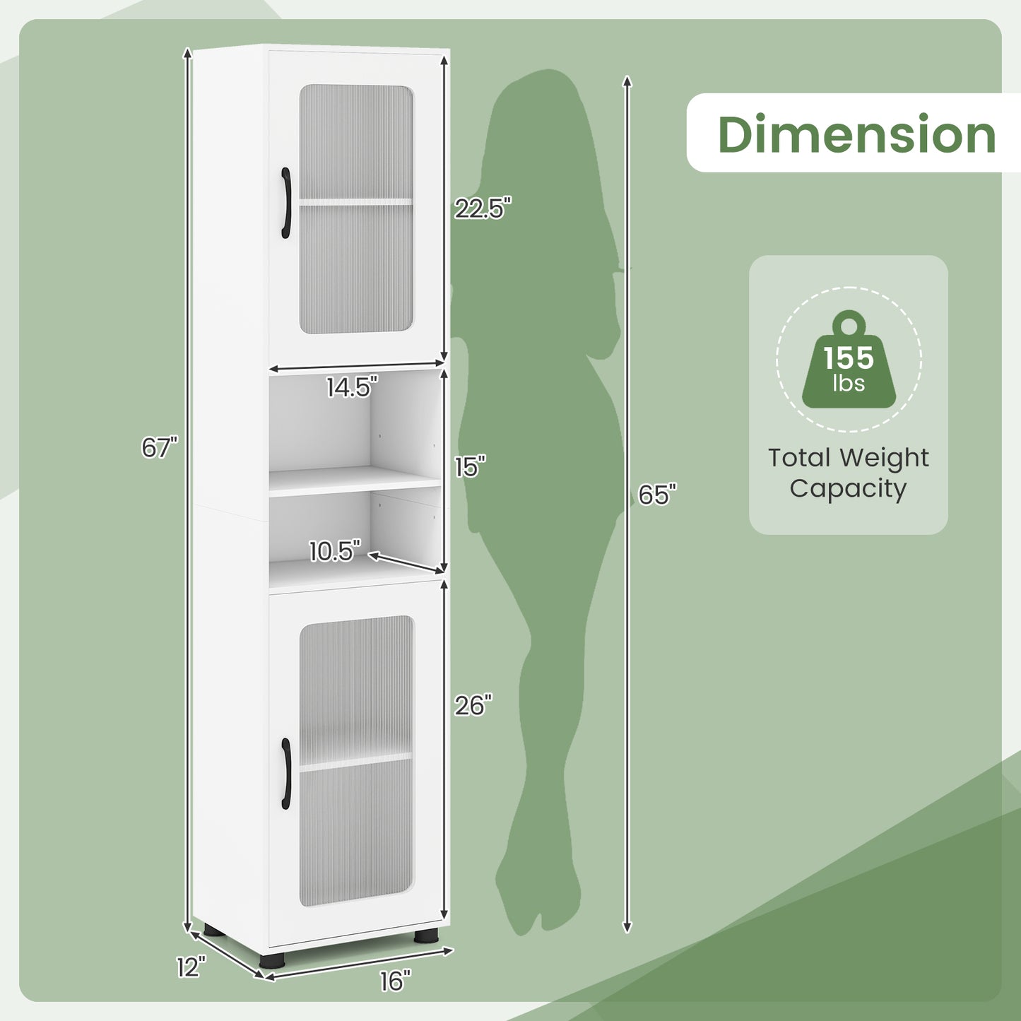 Patiojoy Tall Bathroom Storage Cabinet 67"H Freestanding Storage Organizer with 2 Fluted Doors and Adjustable Shelf