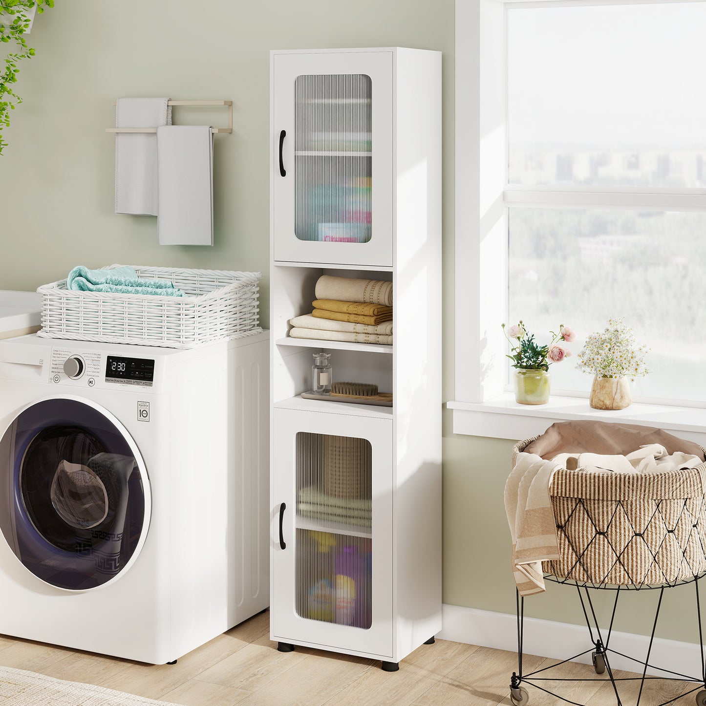 Patiojoy Tall Bathroom Storage Cabinet 67"H Freestanding Storage Organizer with 2 Fluted Doors and Adjustable Shelf