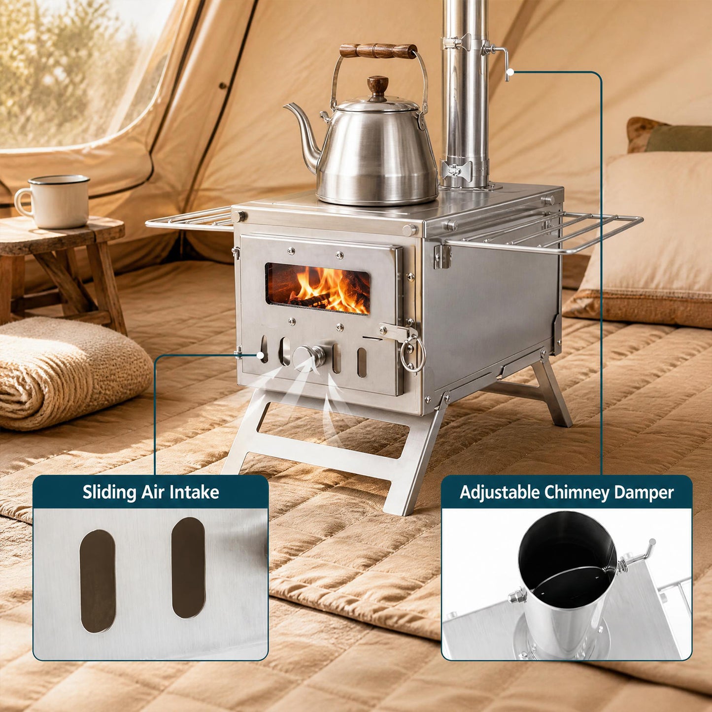 Patiojoy Portable Hot Tent Stove, Wood Burning Stove With 7 Chimney Pipes & Spark Arrestor Stainless Steel