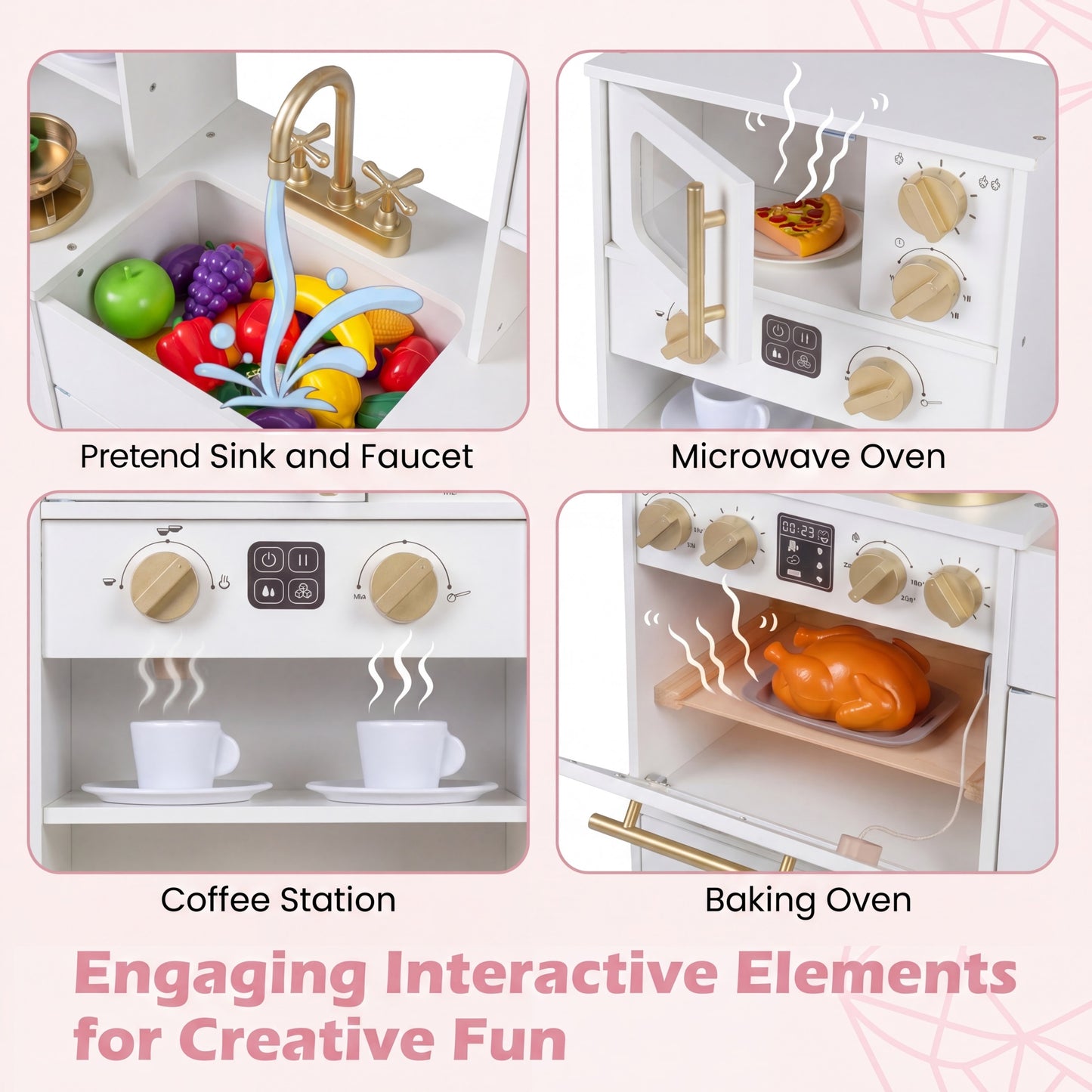 Patiojoy Kids Play Kitchen Set Wooden Cooking Toy with Lights & Sounds Stove Sink Faucet Oven White/Black