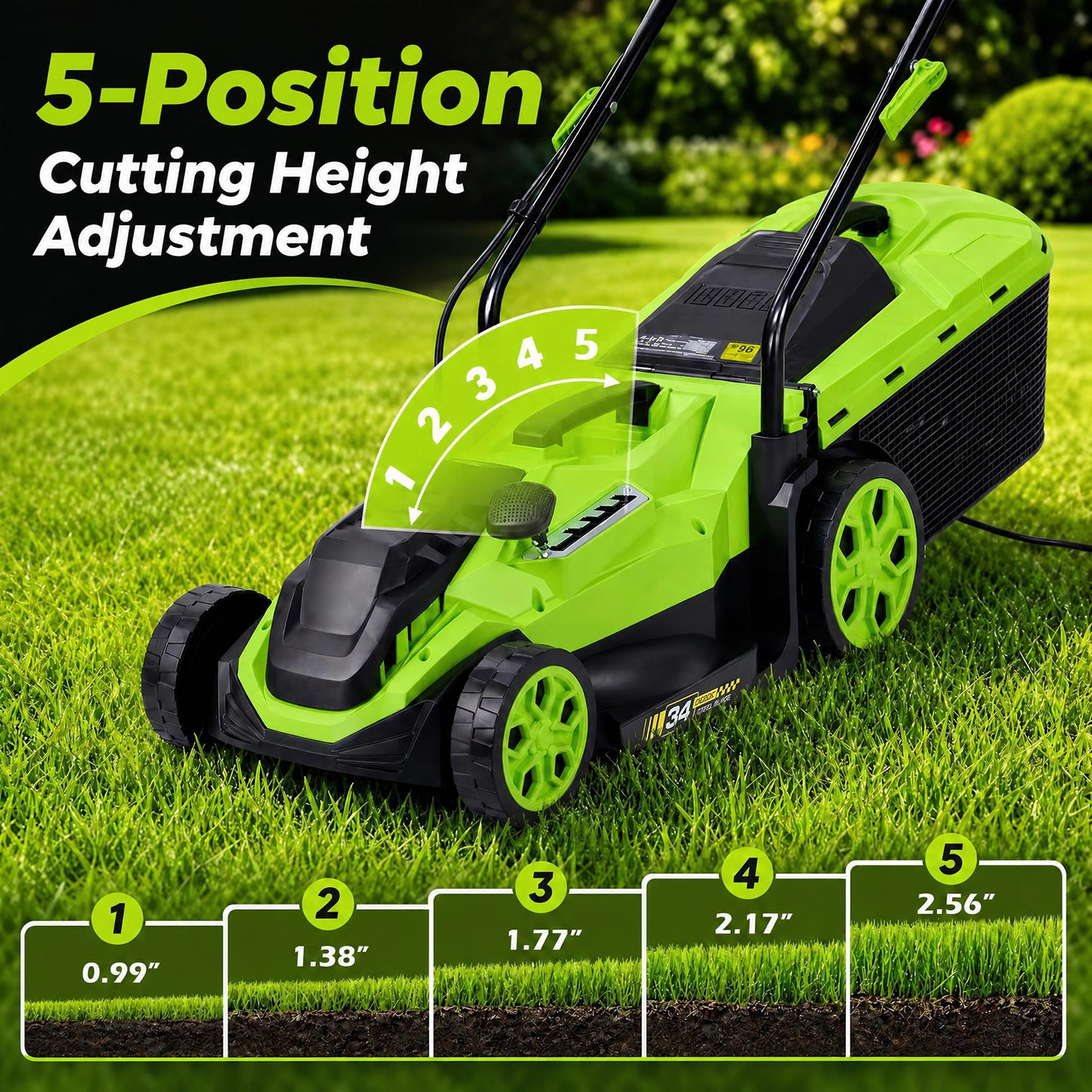 Patiojoy 12-Amp Corded Electric Lawn Mower 14-Inch Walk-Behind Push Mower with 8-Gallon Grass Bag 5-Position Height Adjustment Lightweight 21 lbs for Small Yards
