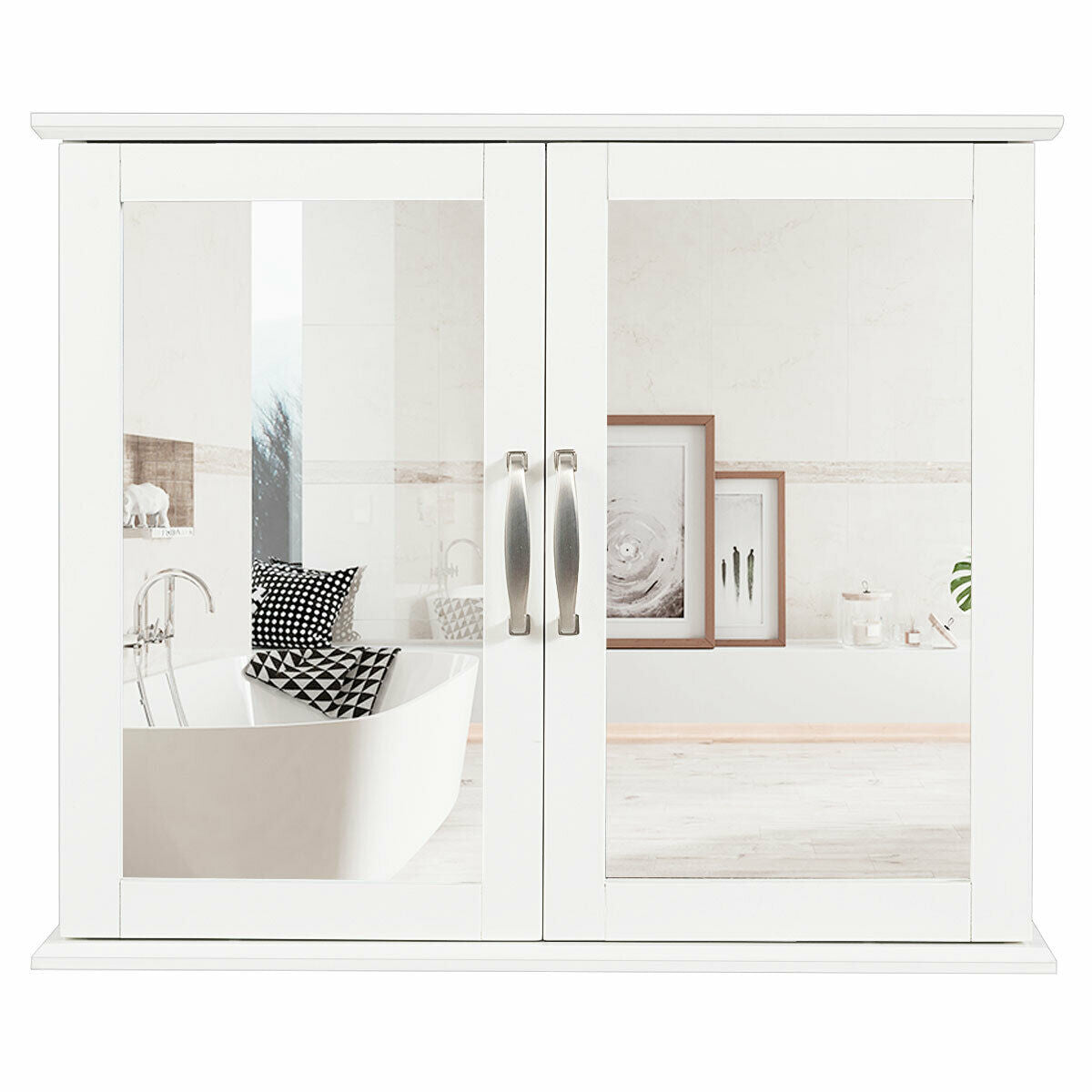 Topbuy Bathroom Mirror Cabinet Two Shelves Storage Cupboard White
