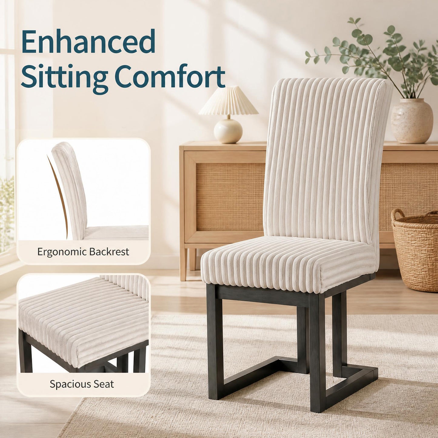 Patiojoy Modern Wood Dining Chairs Set of 2 Mid-Century Upholstered Kitchen Chairs with Thick Padded Seat Beige/White