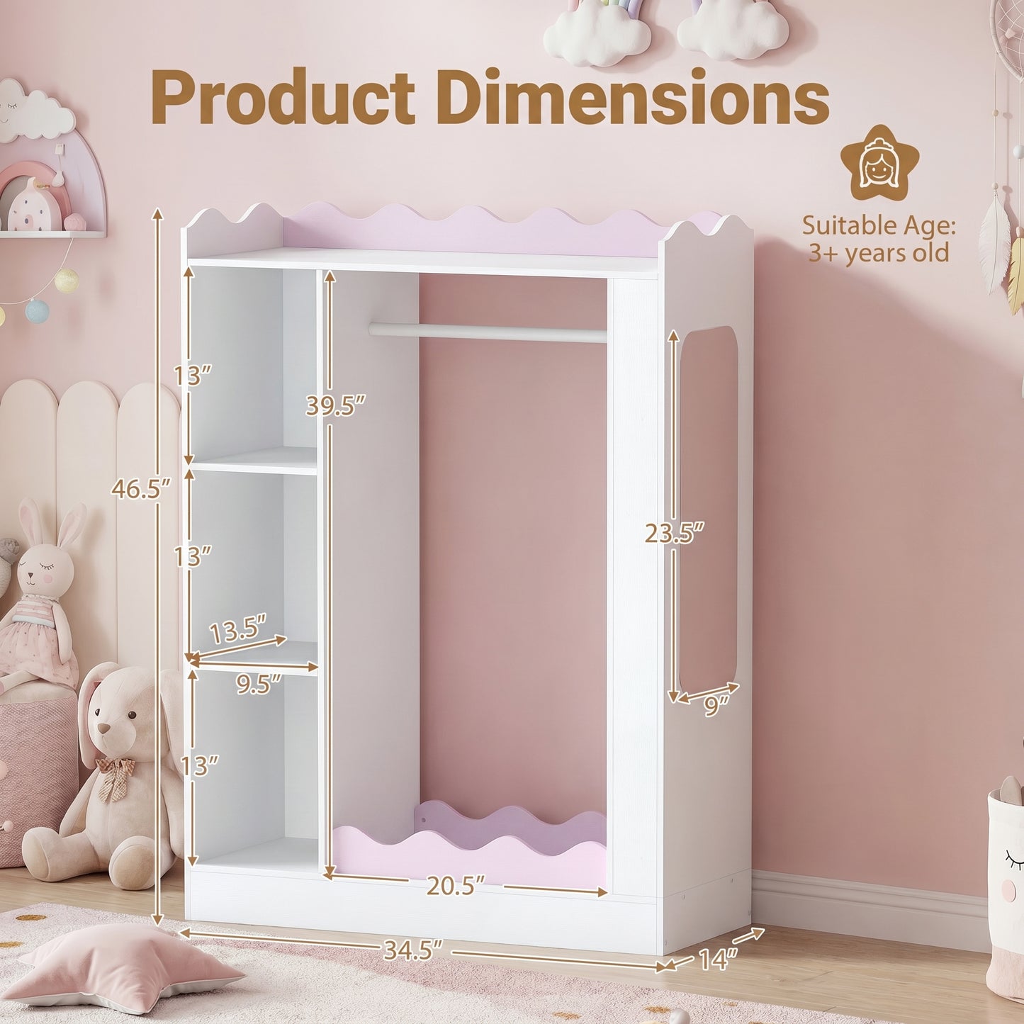 Patiojoy Kids Costume Organizer with Mirrors Children Armoire Closet with Open Hanging Rack Shelves and Cabinet Dress Up Storage