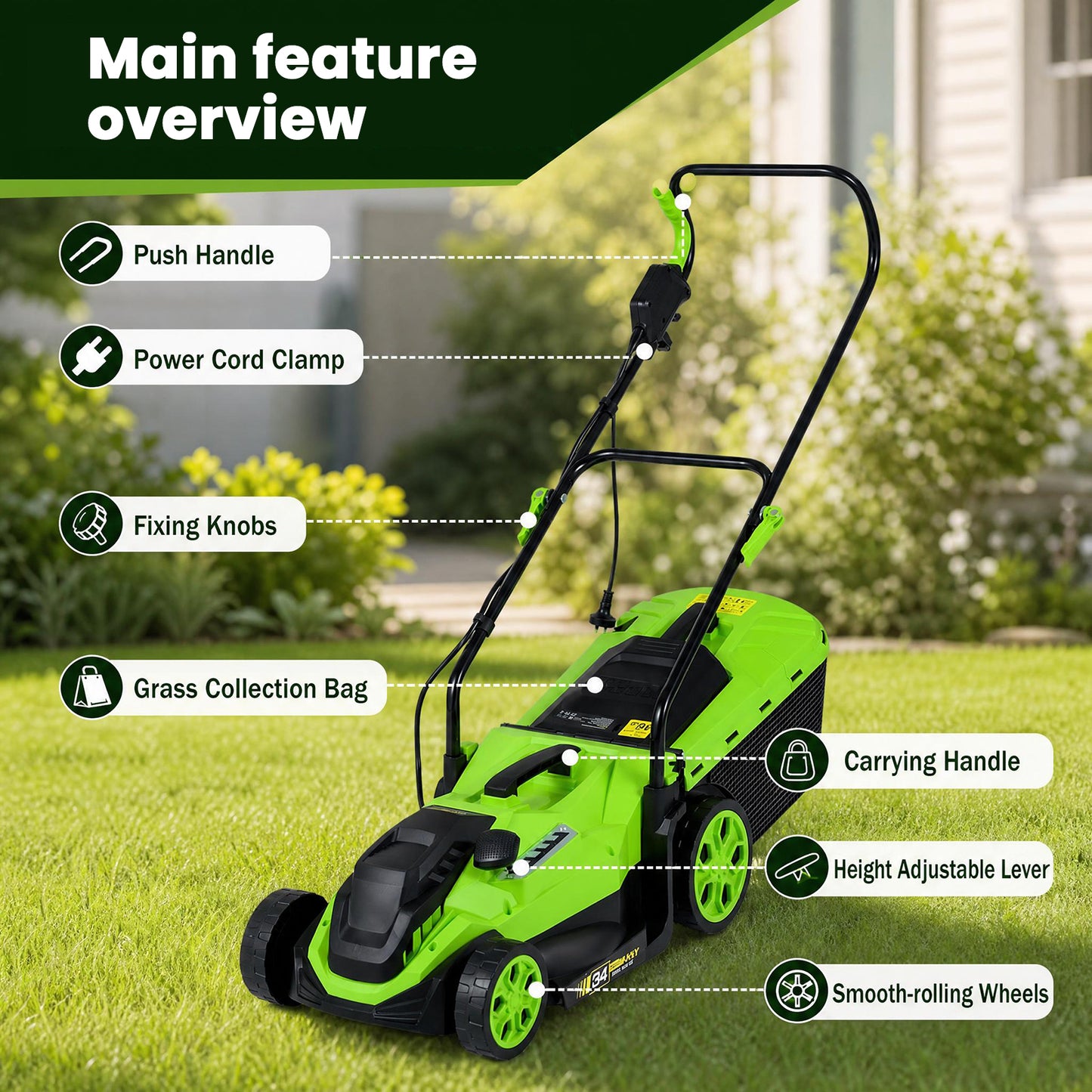 Patiojoy 12-Amp Corded Electric Lawn Mower 14-Inch Walk-Behind Push Mower with 8-Gallon Grass Bag 5-Position Height Adjustment Lightweight 21 lbs for Small Yards