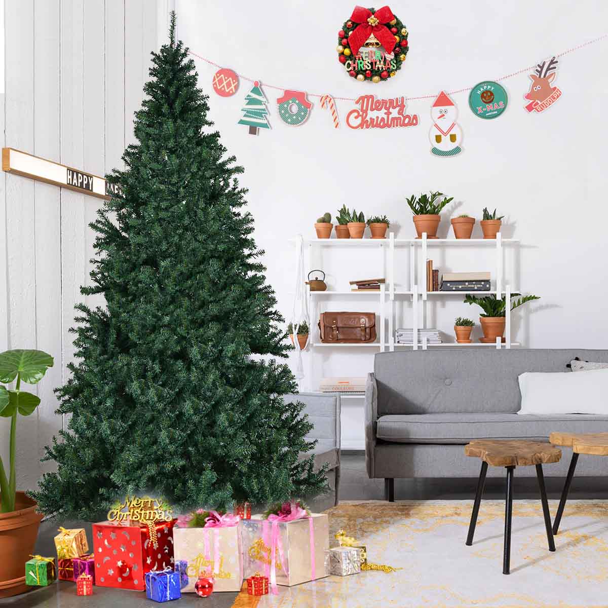 Topbuy 9'Artificial Christmas Tree PVC Material Metal Stand Holiday Decoration w/ 1000 LED Lights