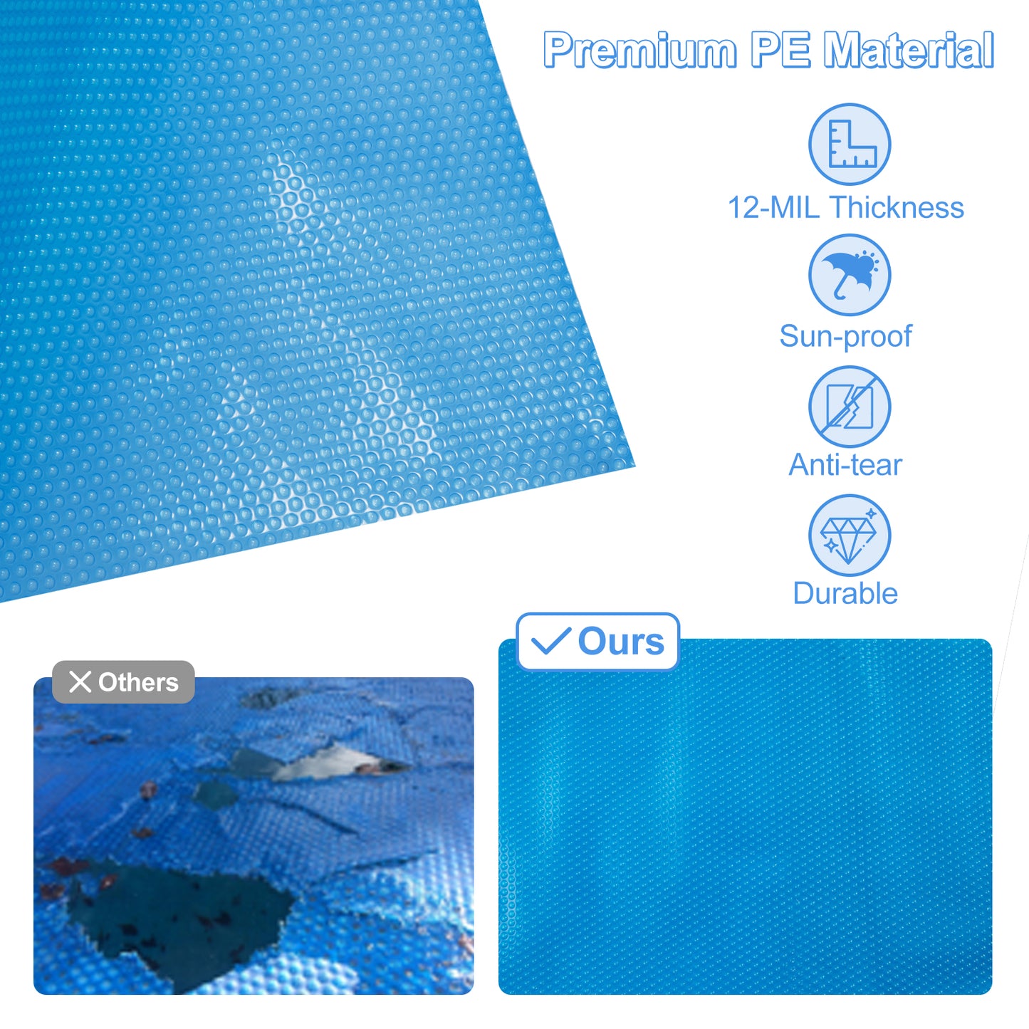 Patiojoy Rectangle Swimming Pool Cover 12-MIL Heat Retaining Pool Solar Blanket for Above-Ground and In-Ground Pools