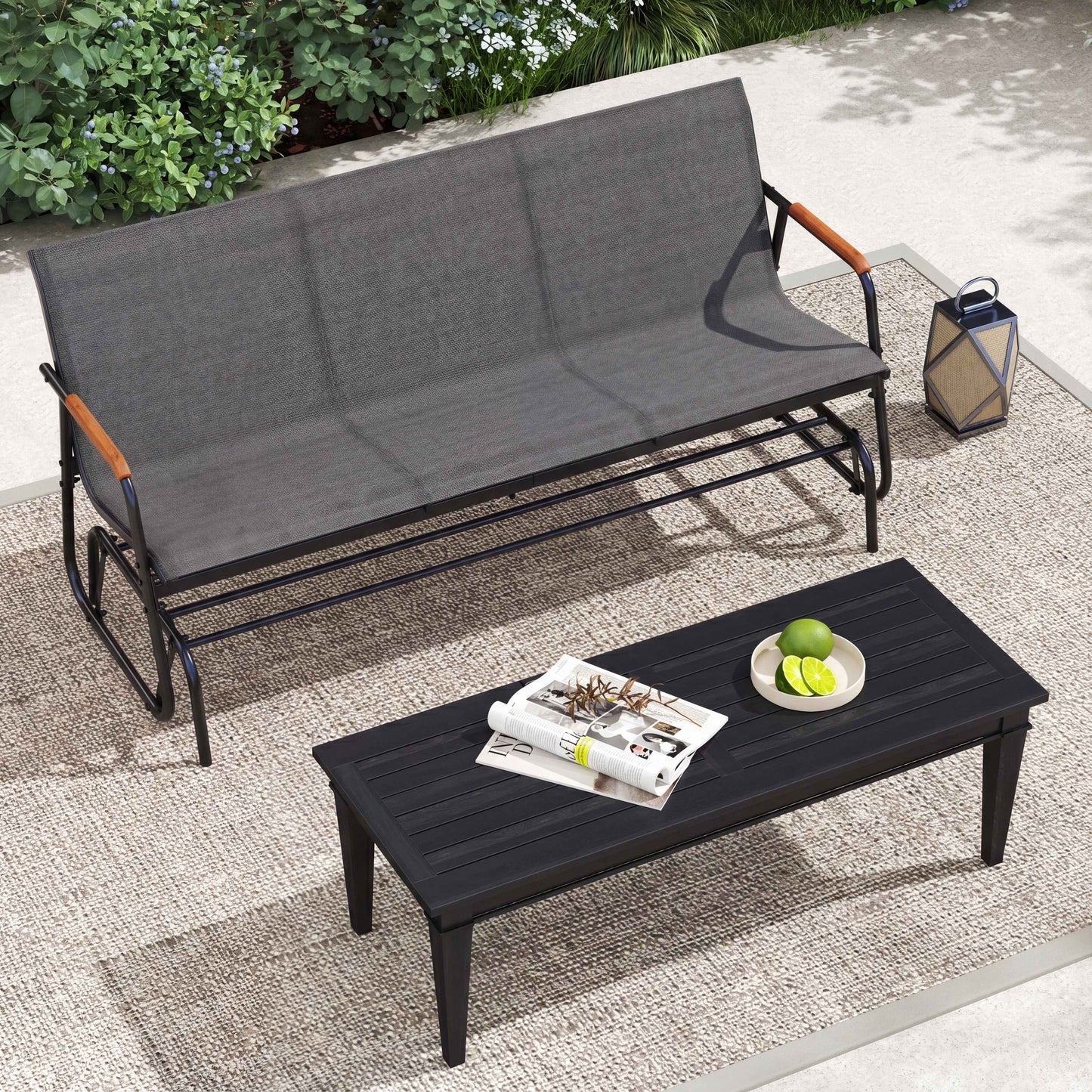 Patiojoy 3-Person Patio Glider Bench Outdoor Gliding Long Seat with Curved Teak Armrests and Breathable Fabric Seat Metal Rocking Chair