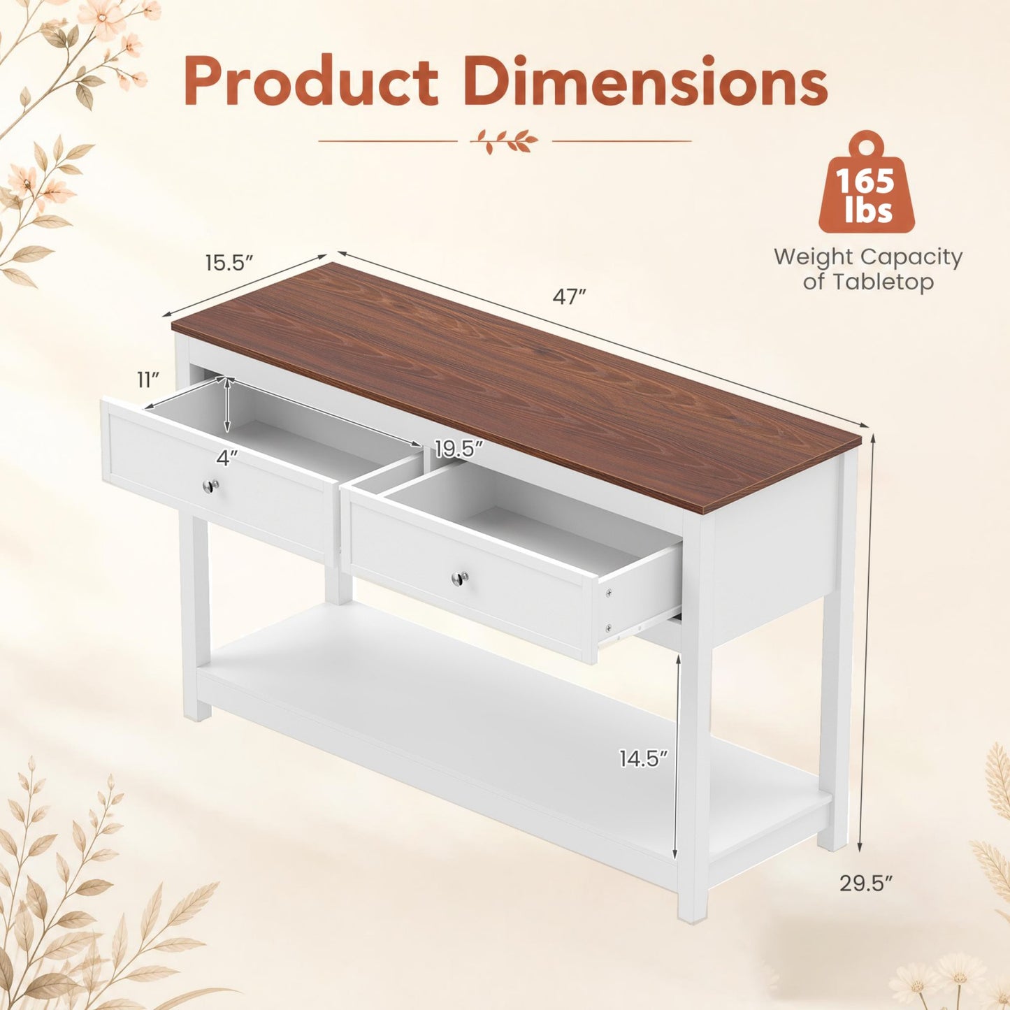 Patiojoy Farmhouse Entryway Console Table Narrow Wood Sofa Table with 2 Drawers and Storage Shelf Heavy-Duty Behind the Couch Table for Living Room Hallway