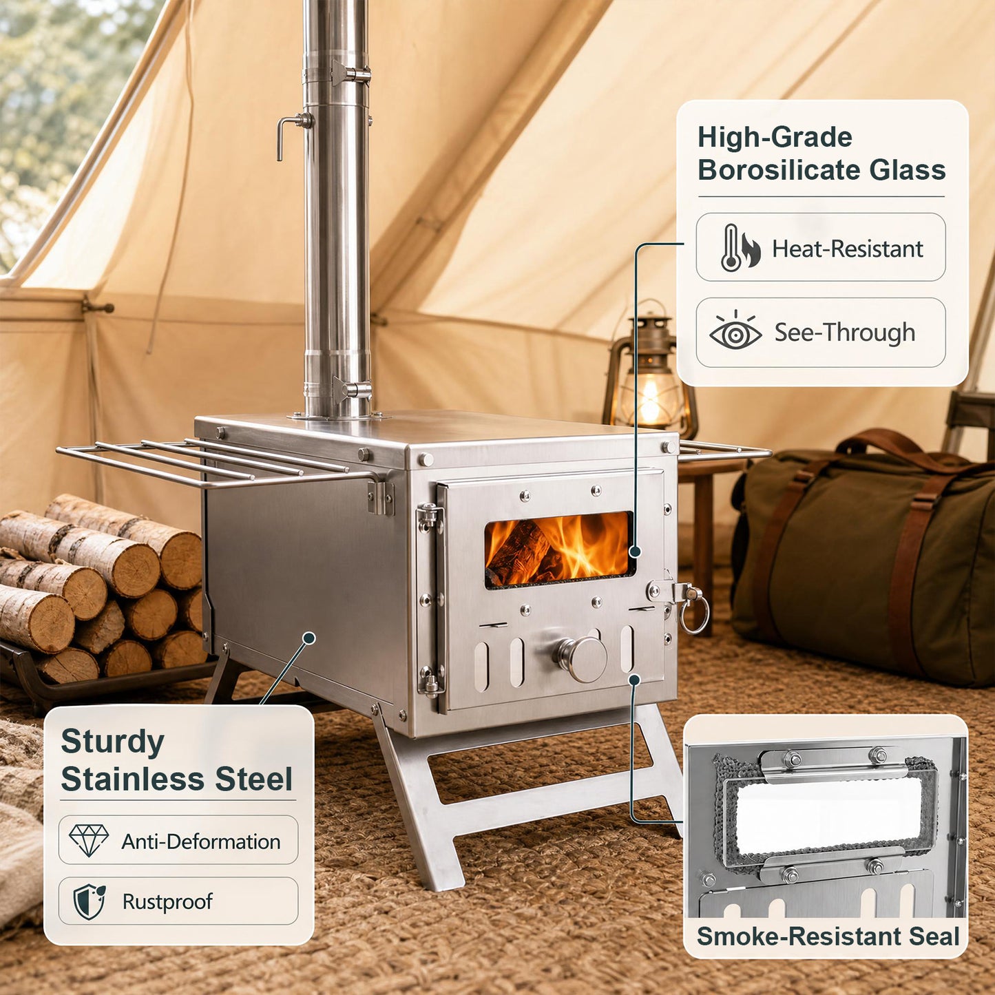 Patiojoy Portable Hot Tent Stove, Wood Burning Stove With 7 Chimney Pipes & Spark Arrestor Stainless Steel