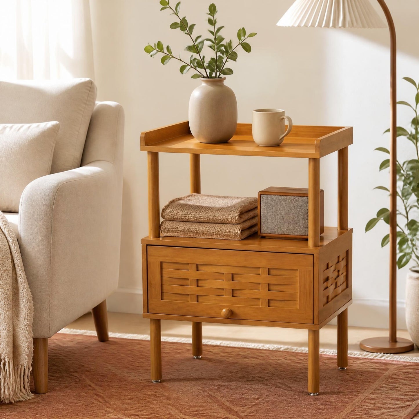Patiojoy Natural Bamboo Rattan Nightstand Side Table With Open Shelf Raised Edge & Flip-Up Door for Bedroom Living Room