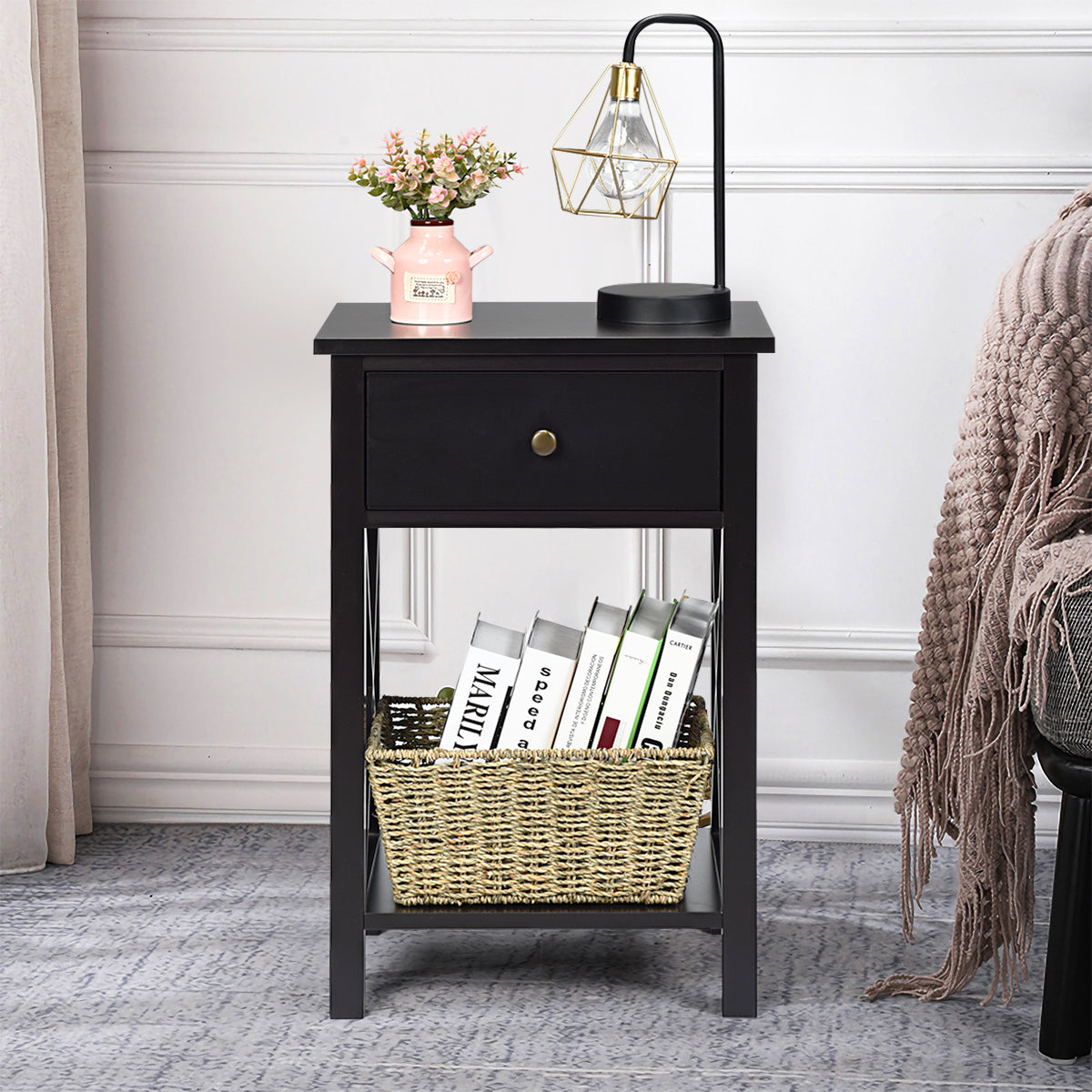 Topbuy X-Design Side End Table Multifunctional Nightstand with Drawer & Shelf Black