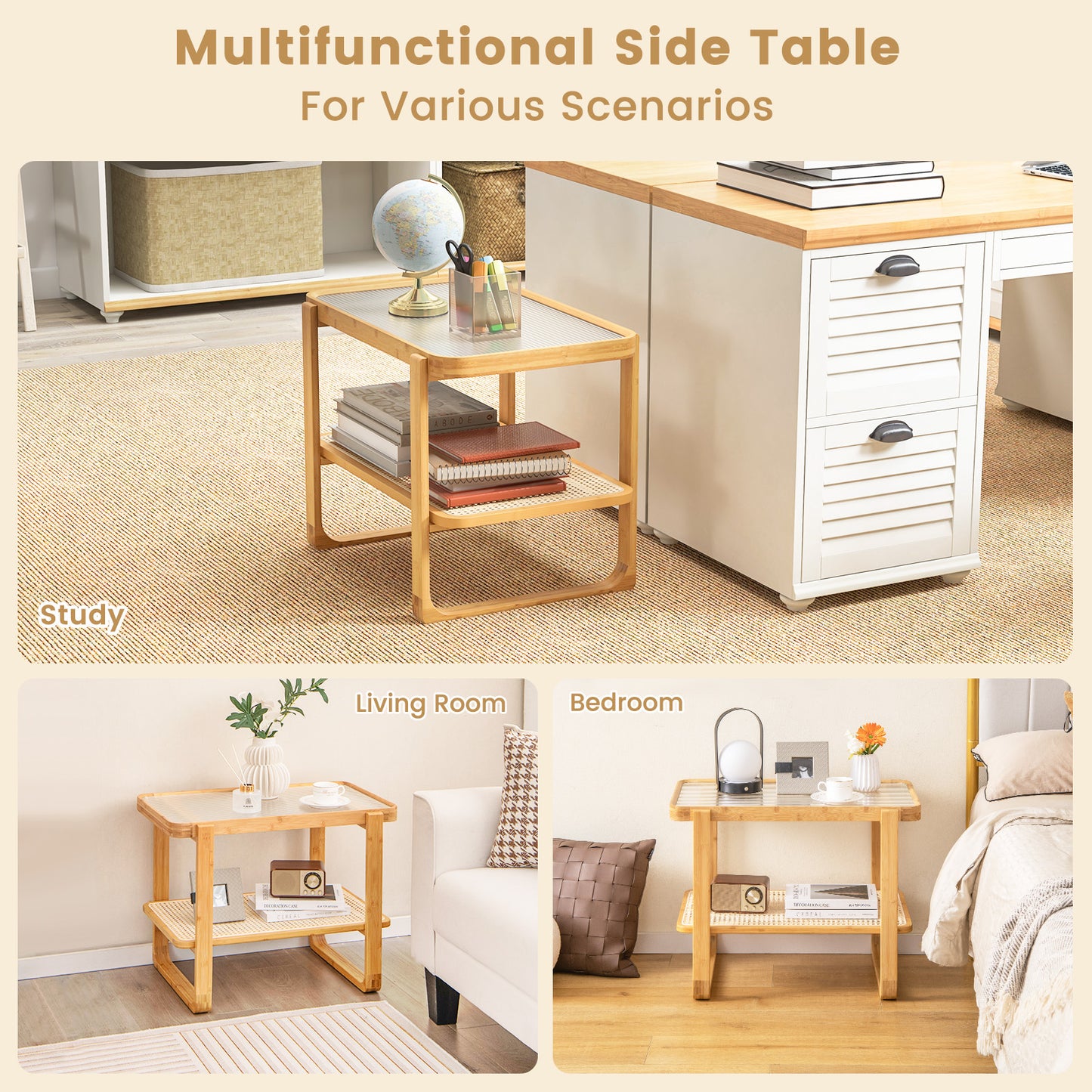 Patiojoy 2-tier Bamboo Side Table with Glass Top End Table with PE Rattan Shelf Home Sofa Side Table with Storage Nightstand Bedside Table