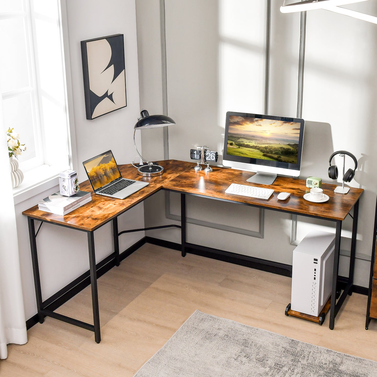 Patiojoy L-Shaped Desk with Power Outlet Computer Corner Desk with CPU Stand and Heavy-Duty Metal Frame