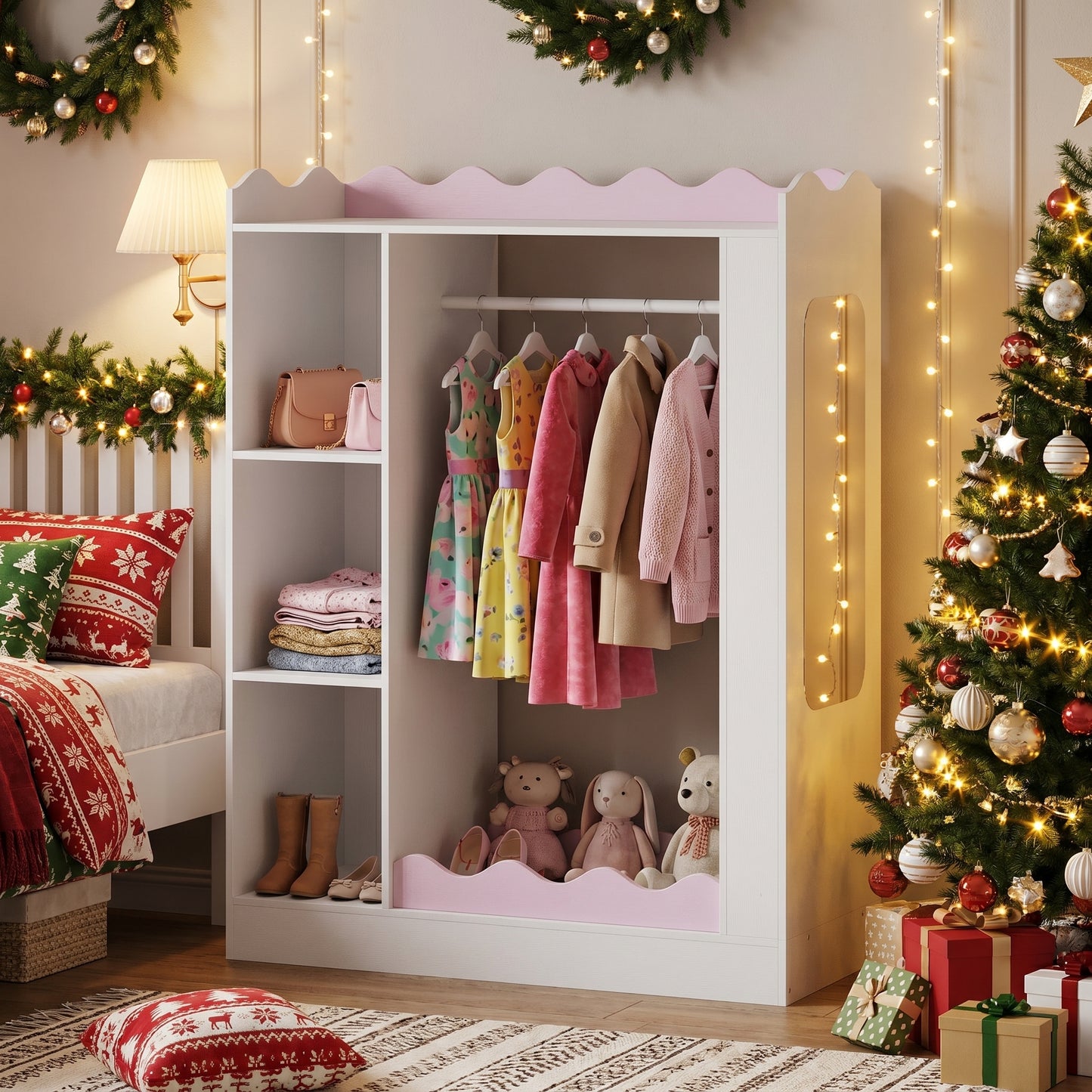 Patiojoy Kids Costume Organizer with Mirrors Children Armoire Closet with Open Hanging Rack Shelves and Cabinet Dress Up Storage