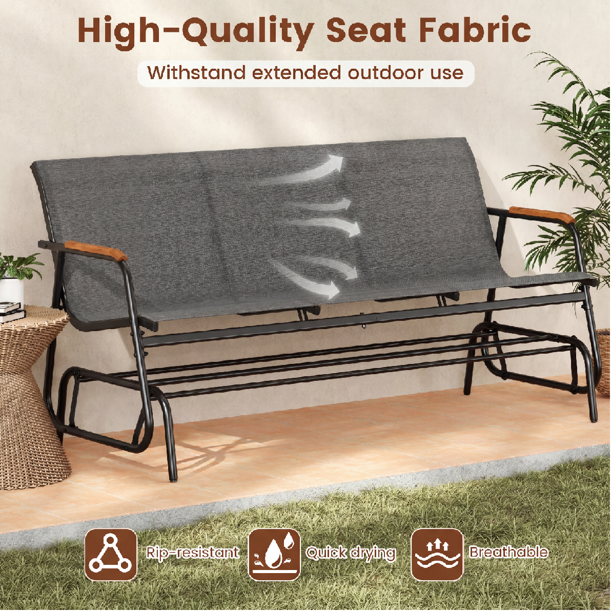Patiojoy 3-Person Patio Glider Bench Outdoor Gliding Long Seat with Curved Teak Armrests and Breathable Fabric Seat Metal Rocking Chair