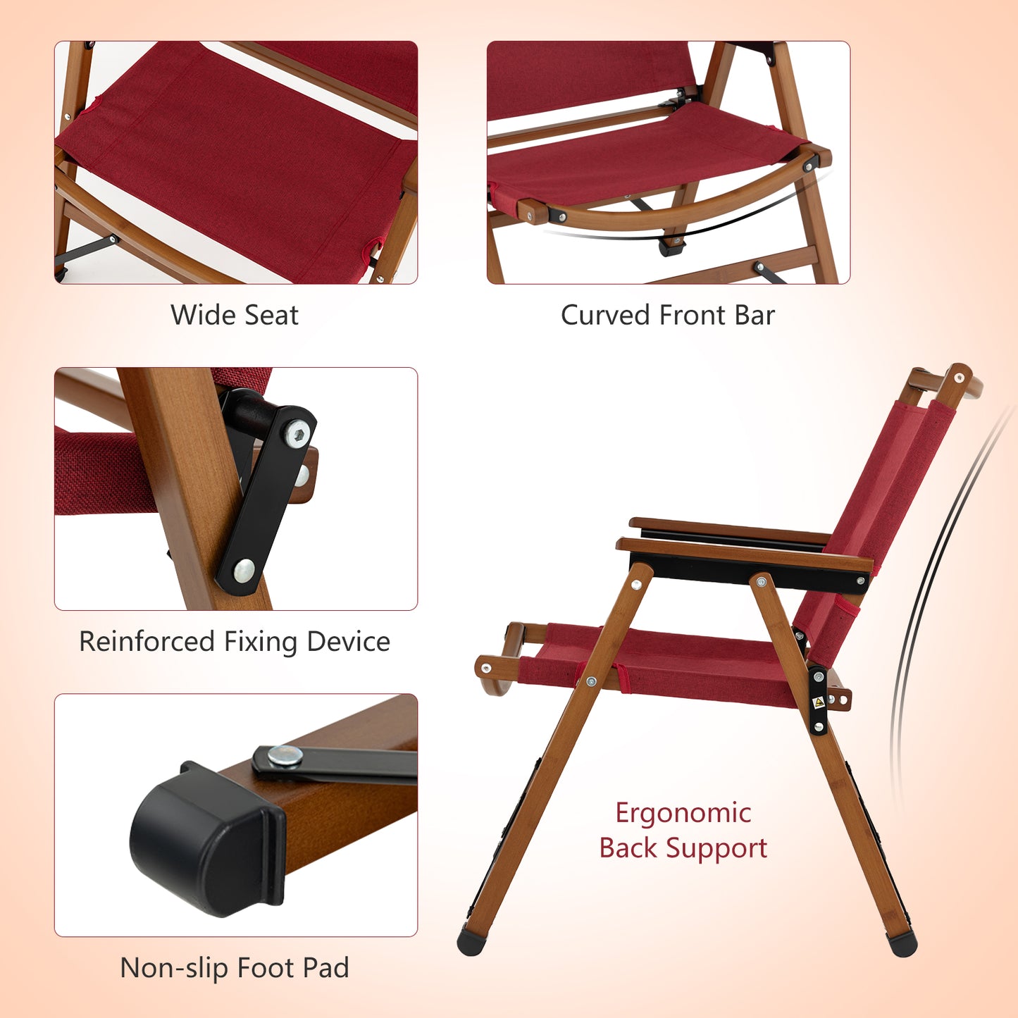 Patiojoy Portable Camping Chair Low Profile Folding Beach Chair with Solid Bamboo Frame and Breathable Cationic Oxford Cloth