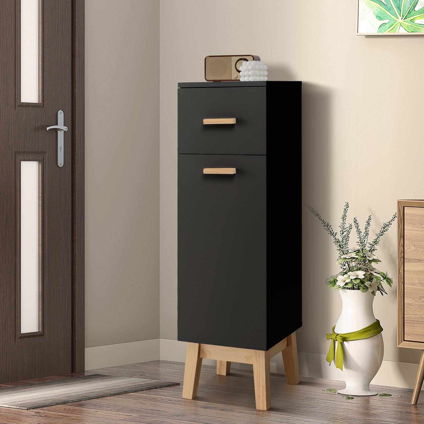 Patiojoy Narrow Bathroom Storage Cabinet Freestanding Side Storage Organizer with Adjustable Shelves Drawer and Pine Wood Legs