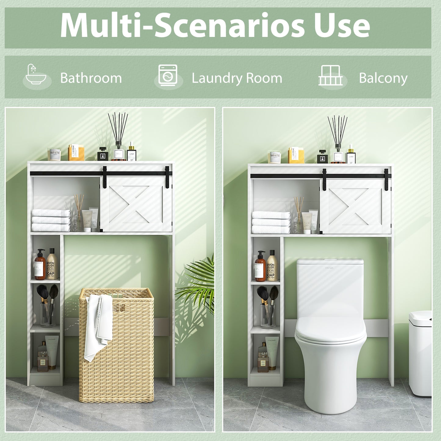Patiojoy Over The Toilet Storage Cabinet Freestanding Bathroom Organizer with Sliding Barn Door and Storage Shelves
