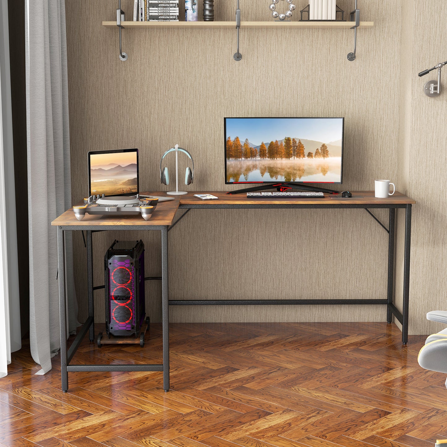 Patiojoy L-Shaped Desk with Power Outlet Computer Corner Desk with CPU Stand and Heavy-Duty Metal Frame