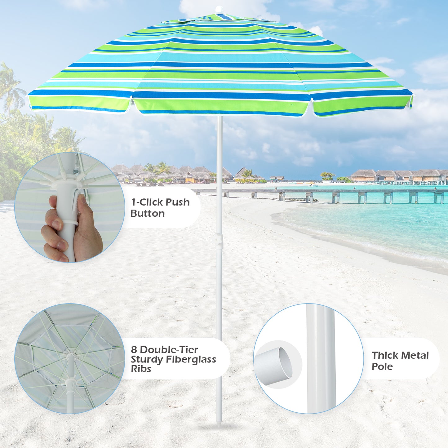 Patiojoy Beach Umbrella Windproof Ventilated Sunshade Shelter with Tilt Mechanism and Sand Anchor