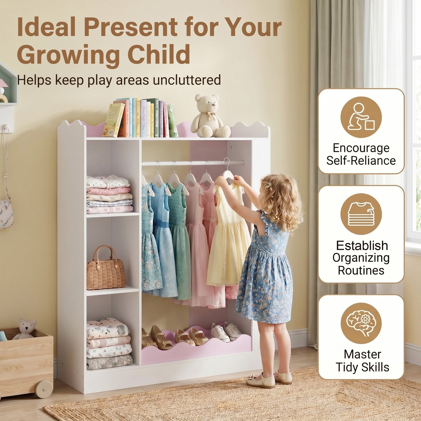 Patiojoy Kids Costume Organizer with Mirrors Children Armoire Closet with Open Hanging Rack Shelves and Cabinet Dress Up Storage