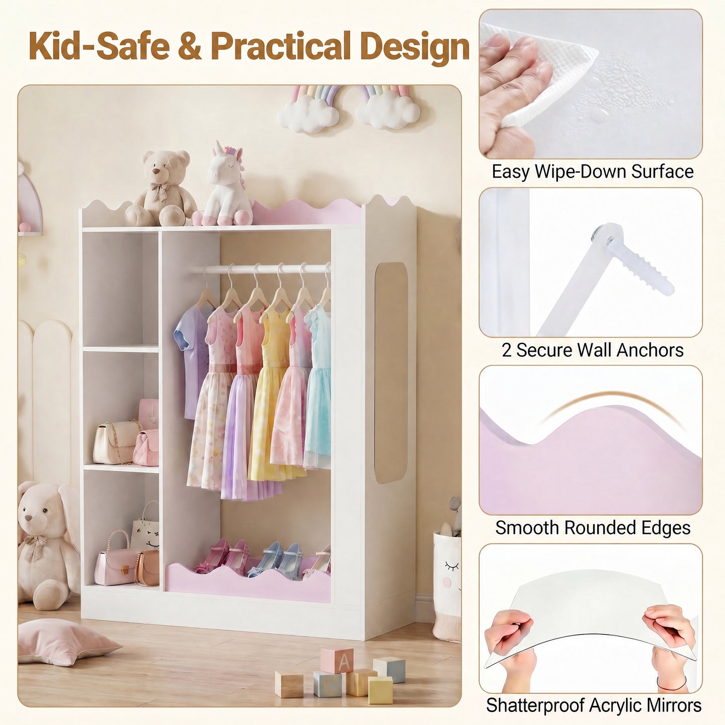 Patiojoy Kids Costume Organizer with Mirrors Children Armoire Closet with Open Hanging Rack Shelves and Cabinet Dress Up Storage