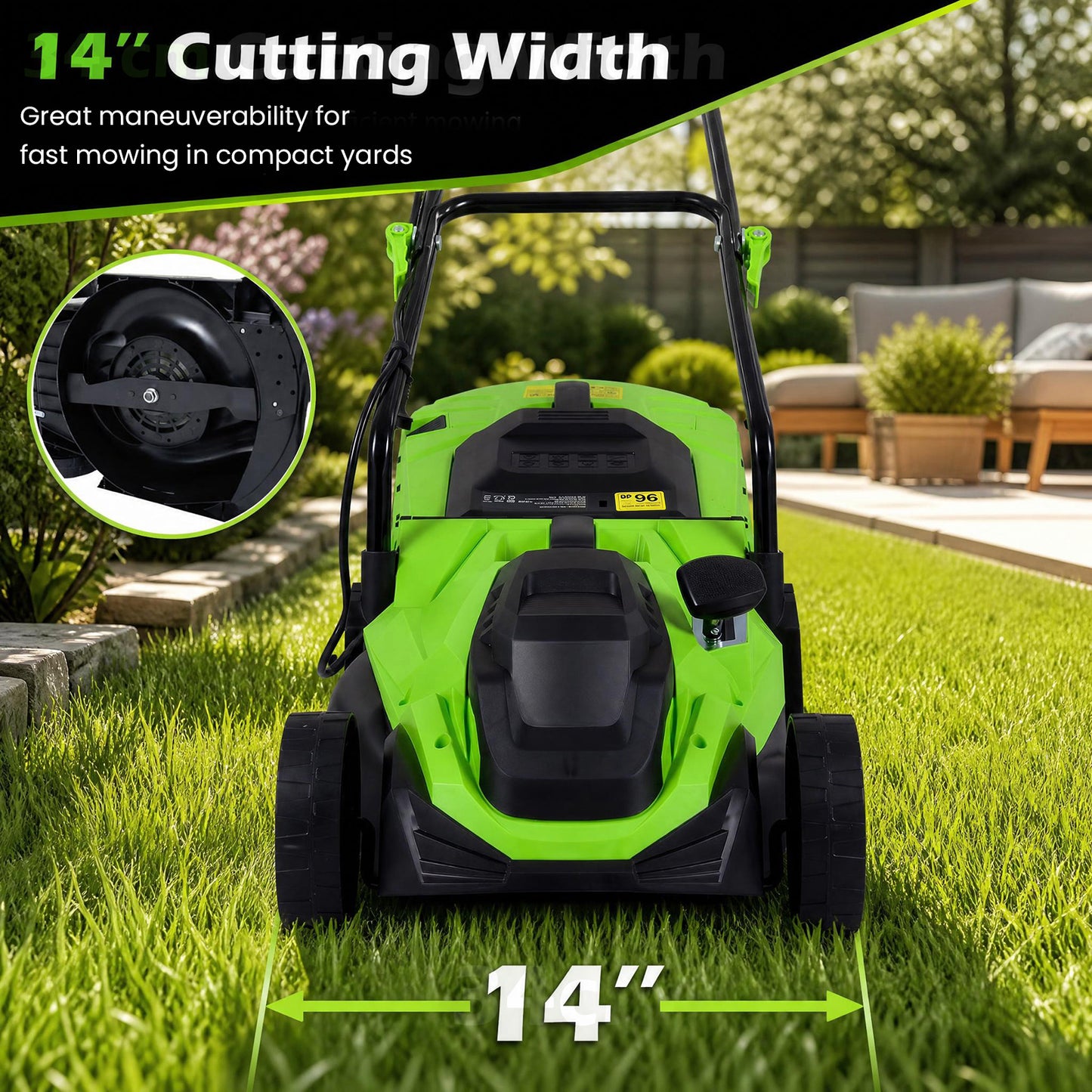 Patiojoy 12-Amp Corded Electric Lawn Mower 14-Inch Walk-Behind Push Mower with 8-Gallon Grass Bag 5-Position Height Adjustment Lightweight 21 lbs for Small Yards