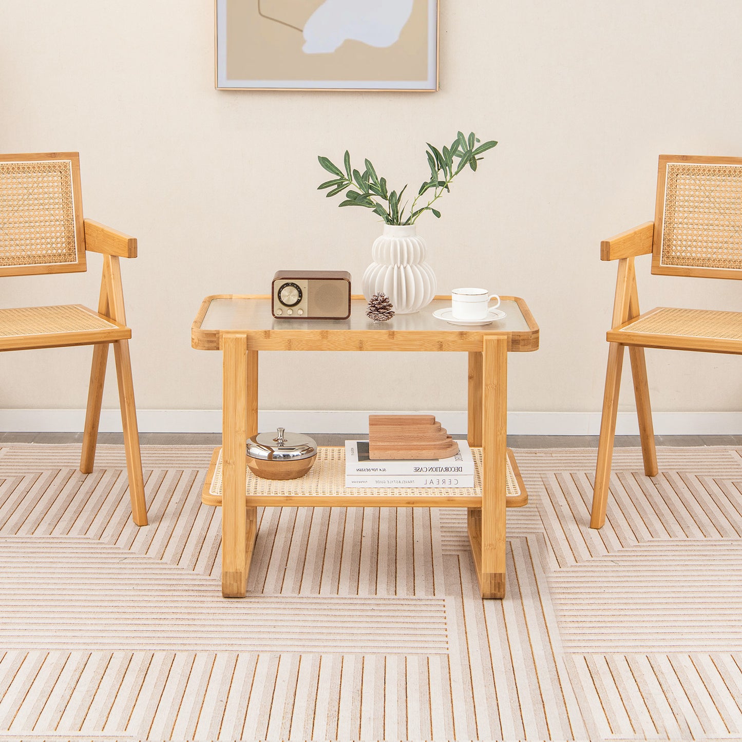 Patiojoy 2-tier Bamboo Side Table with Glass Top End Table with PE Rattan Shelf Home Sofa Side Table with Storage Nightstand Bedside Table