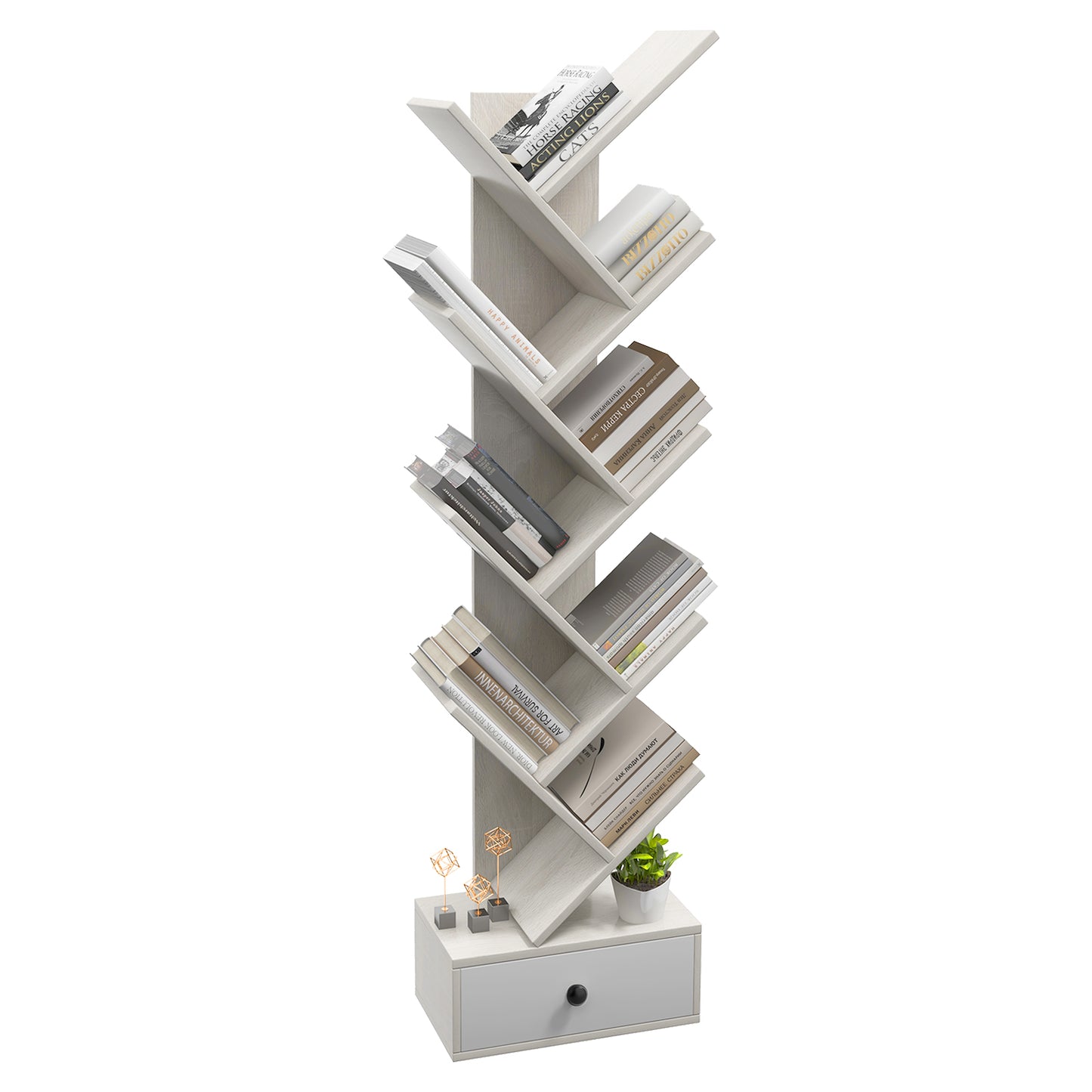 Patiojoy 10-tier Tree-shaped Bookshelf with Drawer Wood Bookshelf with 10 Compartments Home Organizer Display Shelf