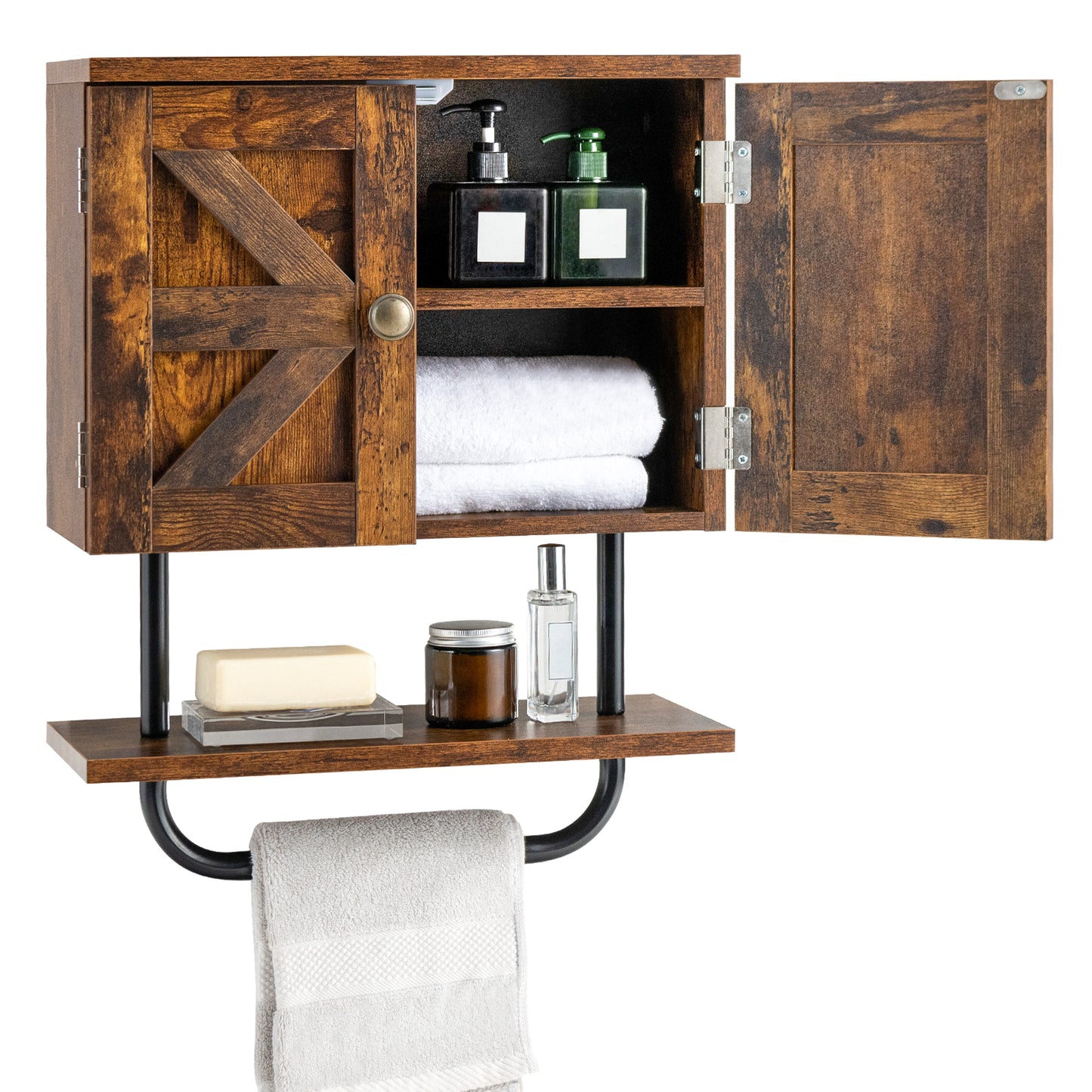 Patiojoy Bathroom Wall Cabinet Wall-Mounted Medicine Cabinet with Double Doors Open Shelf and Towel Rack