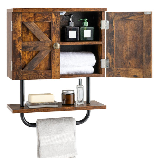 Patiojoy Bathroom Wall Cabinet Wall-Mounted Medicine Cabinet with Double Doors Open Shelf and Towel Rack