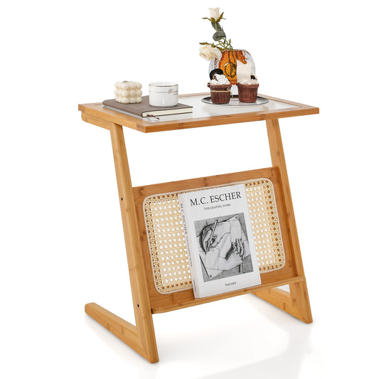 Patiojoy Z-shaped Side Table with Rattan Shelf Glass Top End Table with Magazine Rack Space-saving Sofa Side Bedside Table