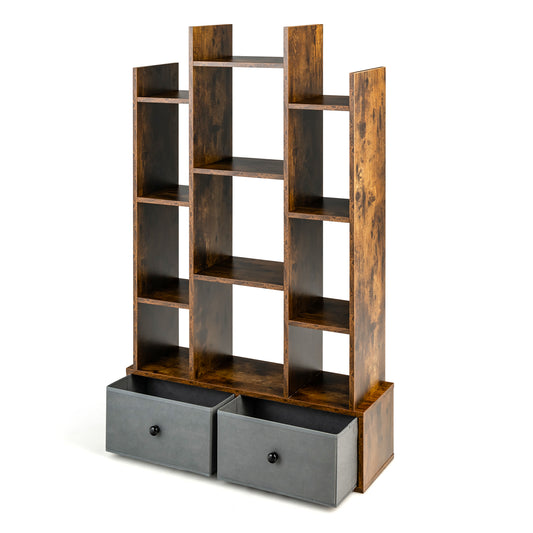 Patiojoy Tree Shaped Bookcase with 2 Drawers Free Standing Bookshelf with 12 Open Storage Shelves Tall Display Rack