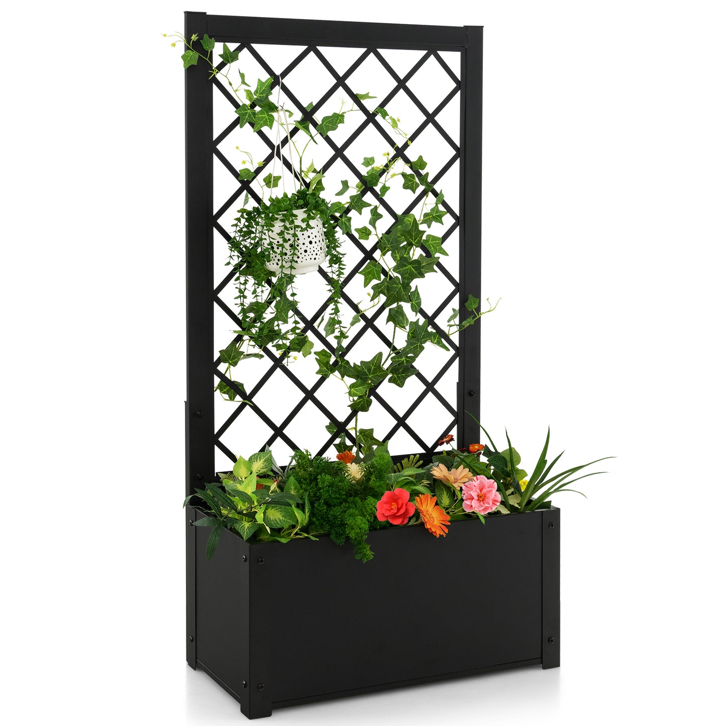 Patiojoy Metal Planter Box with Trellis Raised Garden Bed with Trellis Elevated Lattice Planter for Climbing Plants