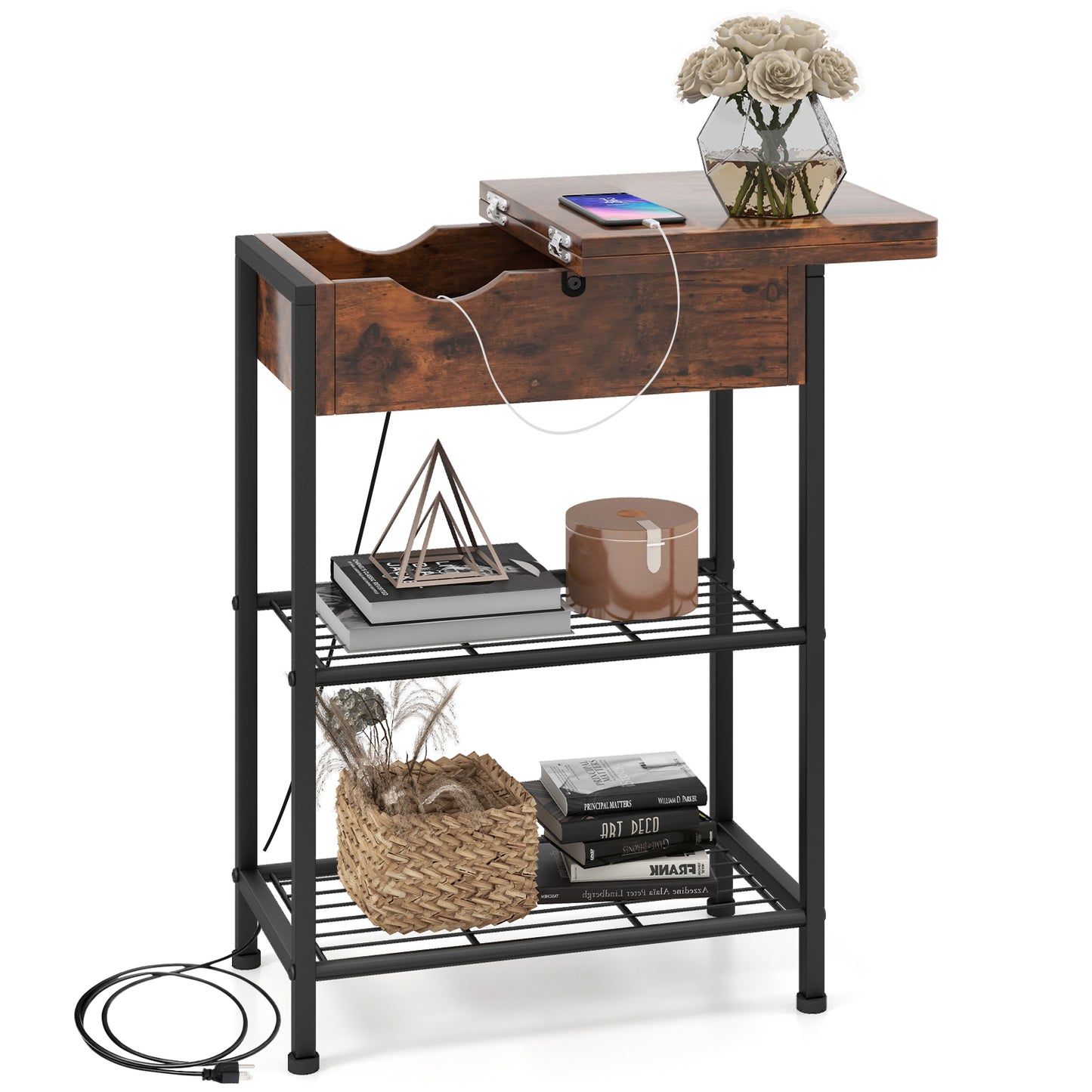 Patiojoy End Table with Charging Station Flip Top Side Table with USB Ports and Outlets Narrow Sofa Side Table with Storage Shelves