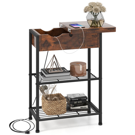 Patiojoy End Table with Charging Station Flip Top Side Table with USB Ports and Outlets Narrow Sofa Side Table with Storage Shelves