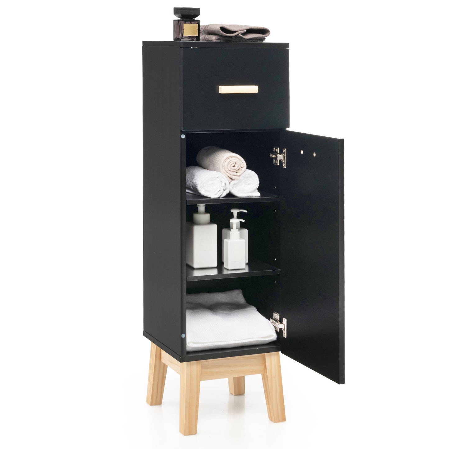 Patiojoy Narrow Bathroom Storage Cabinet Freestanding Side Storage Organizer with Adjustable Shelves Drawer and Pine Wood Legs