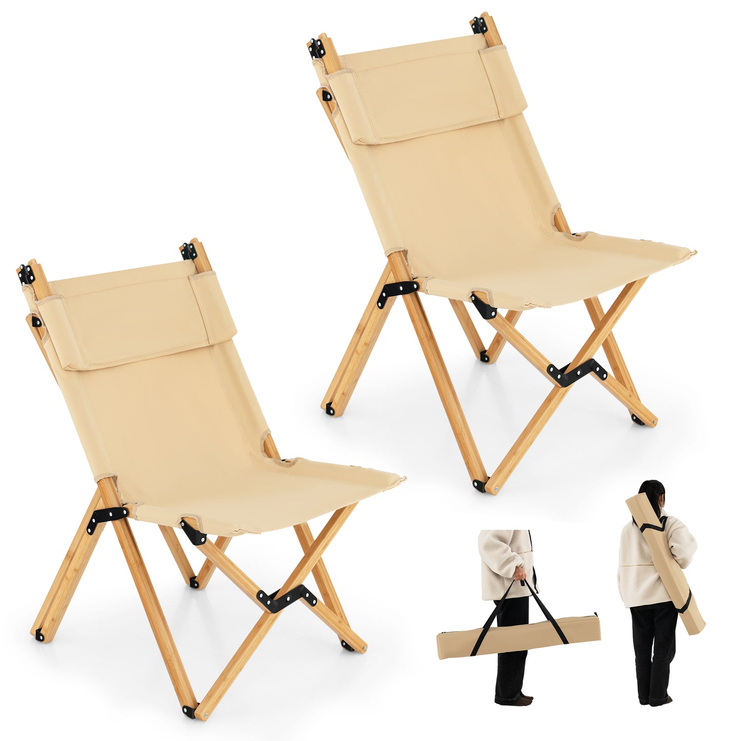 Patiojoy Folding Camping Chair Bamboo Wood Beach Chair with Breathable Canvas and 2-Level Adjustable Backrest with Carrying Bag