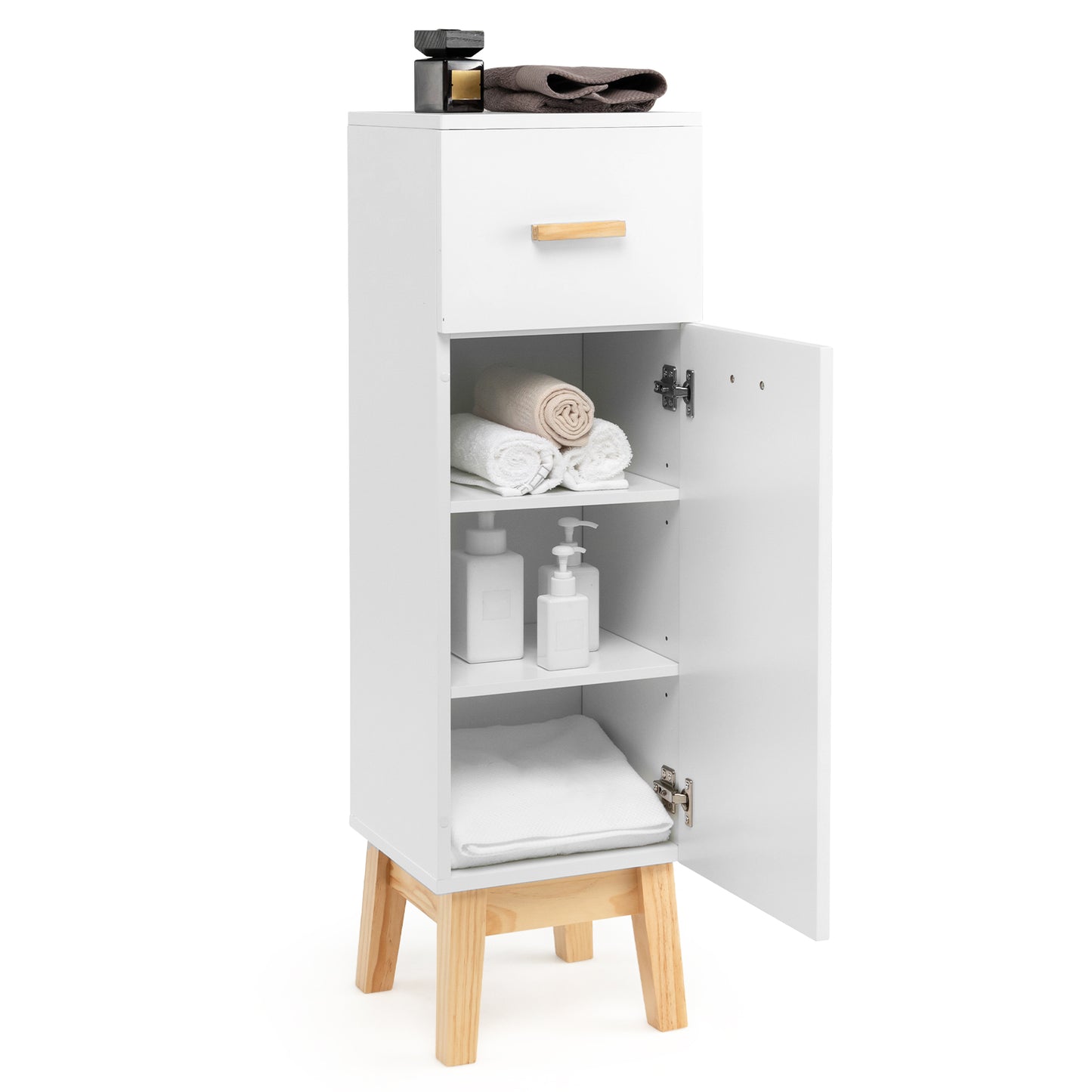 Patiojoy Narrow Bathroom Storage Cabinet Freestanding Side Storage Organizer with Adjustable Shelves Drawer and Pine Wood Legs