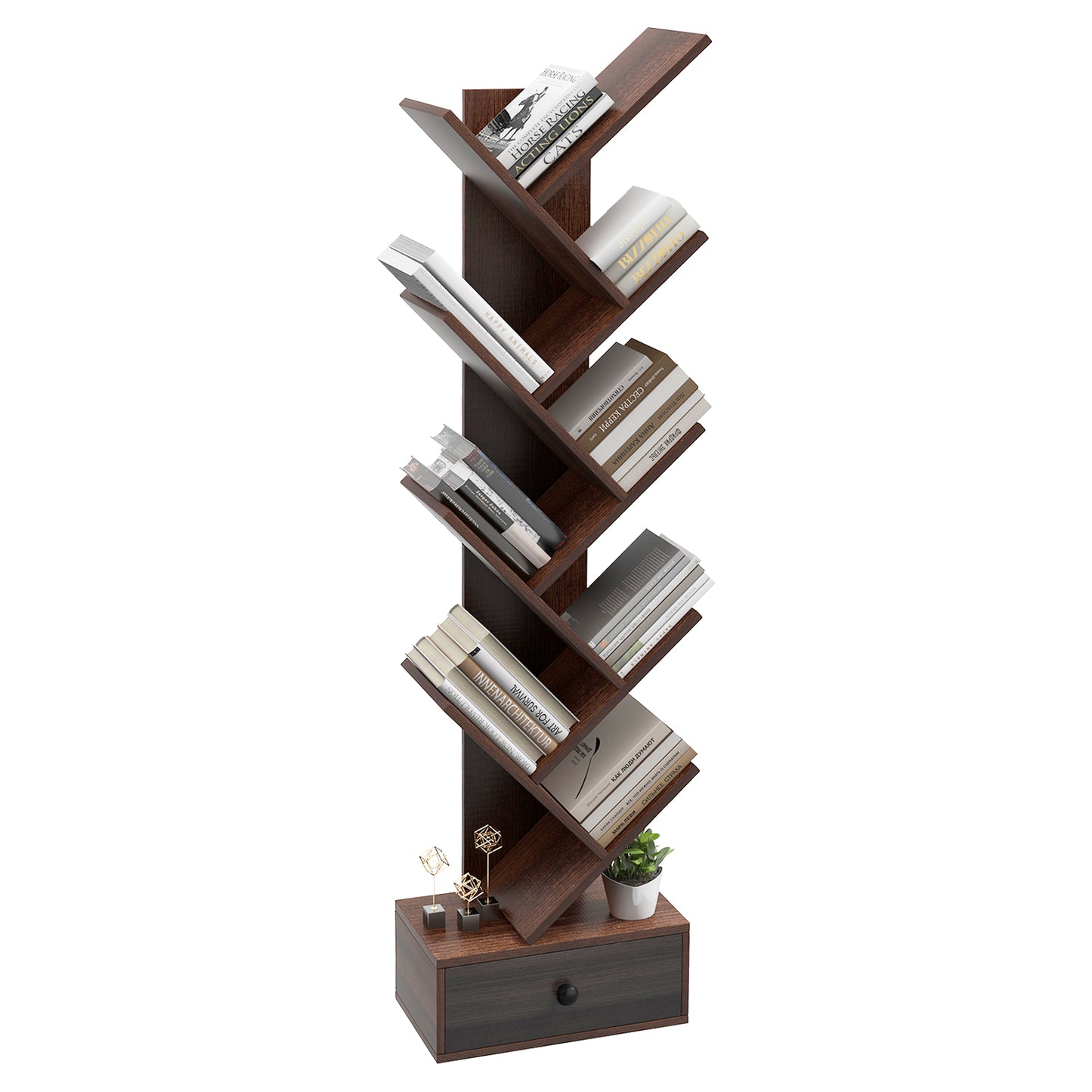 Patiojoy 10-tier Tree-shaped Bookshelf with Drawer Wood Bookshelf with 10 Compartments Home Organizer Display Shelf