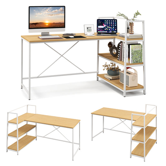 Patiojoy L-Shaped Computer Desk Large Reversible Corner Desk with Open Storage Shelves PC Laptop Gaming Desk