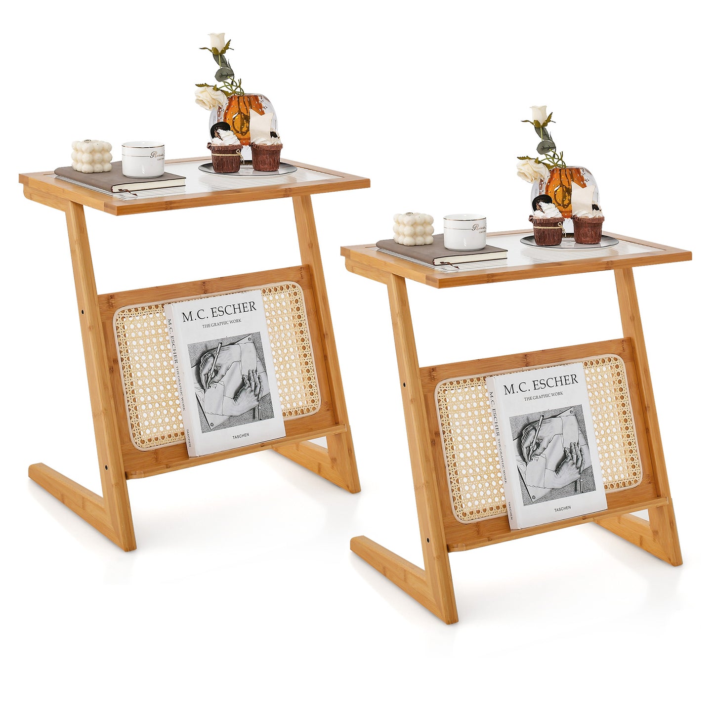 Patiojoy Z-shaped Side Table with Rattan Shelf Glass Top End Table with Magazine Rack Space-saving Sofa Side Bedside Table