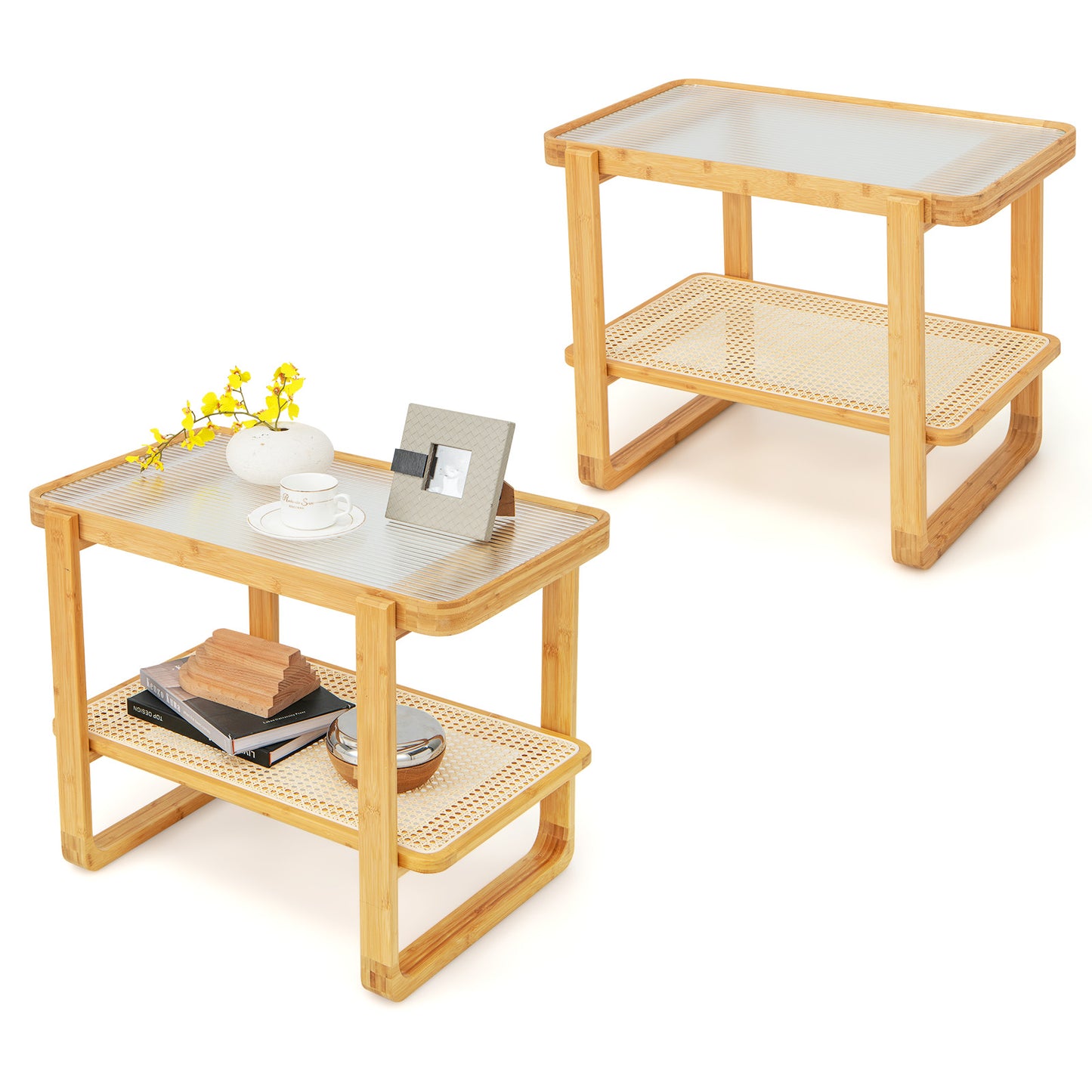 Patiojoy 2-tier Bamboo Side Table with Glass Top End Table with PE Rattan Shelf Home Sofa Side Table with Storage Nightstand Bedside Table