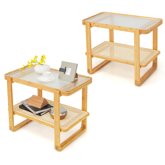 Patiojoy 2-tier Bamboo Side Table with Glass Top End Table with PE Rattan Shelf Home Sofa Side Table with Storage Nightstand Bedside Table