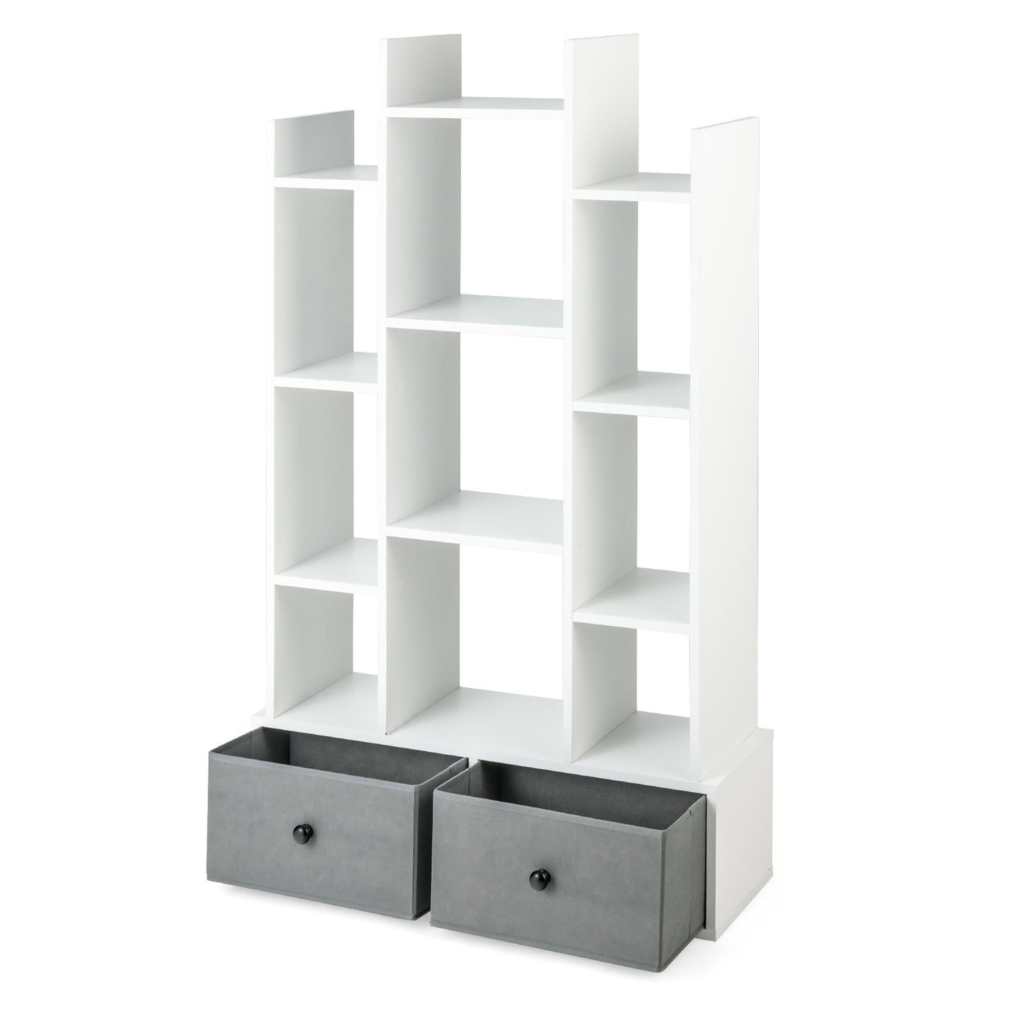 Patiojoy Tree Shaped Bookcase with 2 Drawers Free Standing Bookshelf with 12 Open Storage Shelves Tall Display Rack