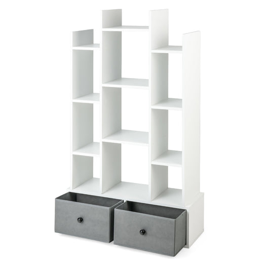 Patiojoy Tree Shaped Bookcase with 2 Drawers Free Standing Bookshelf with 12 Open Storage Shelves Tall Display Rack